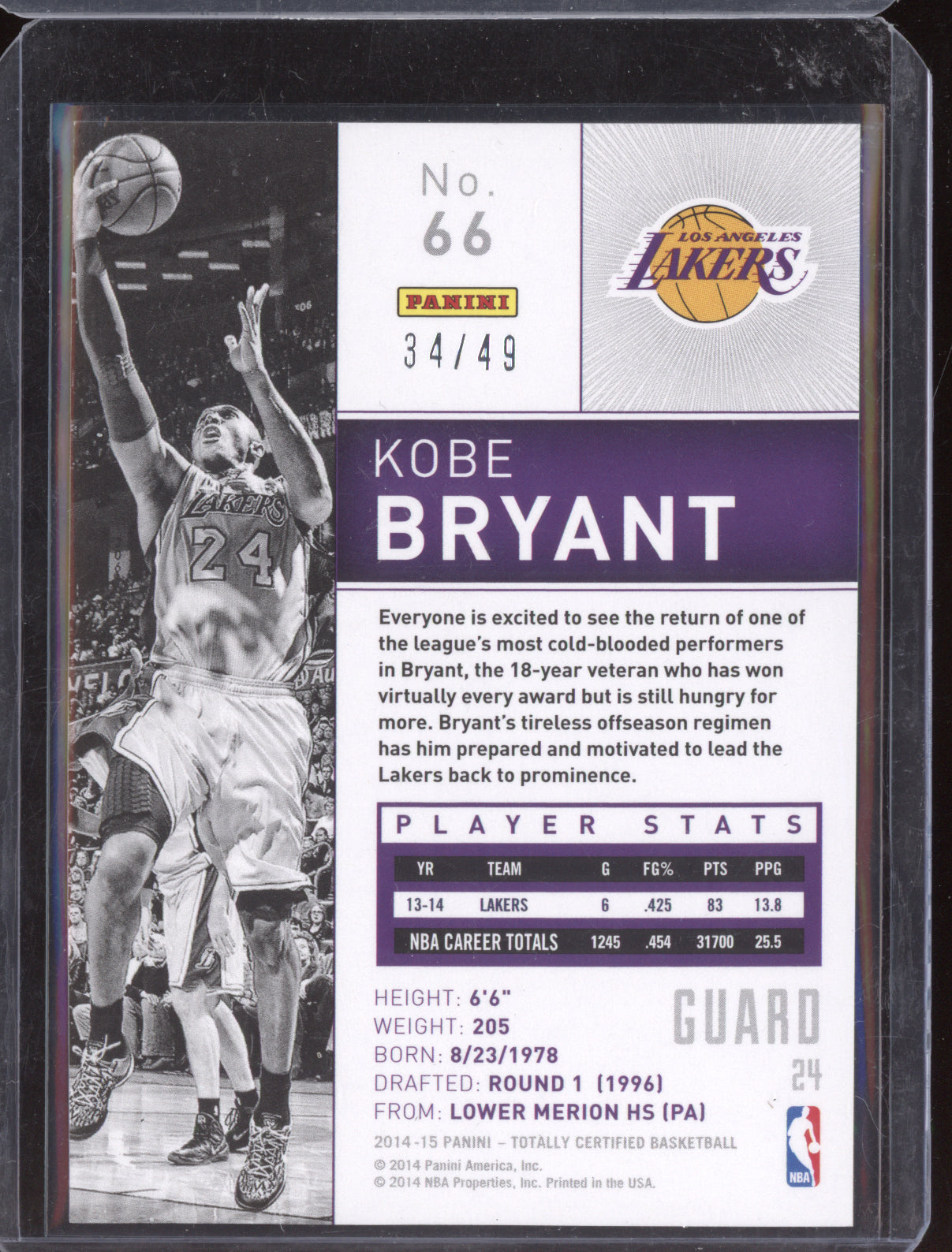 Kobe Bryant 2014-15 Panini Totally Certified Purple 34/49