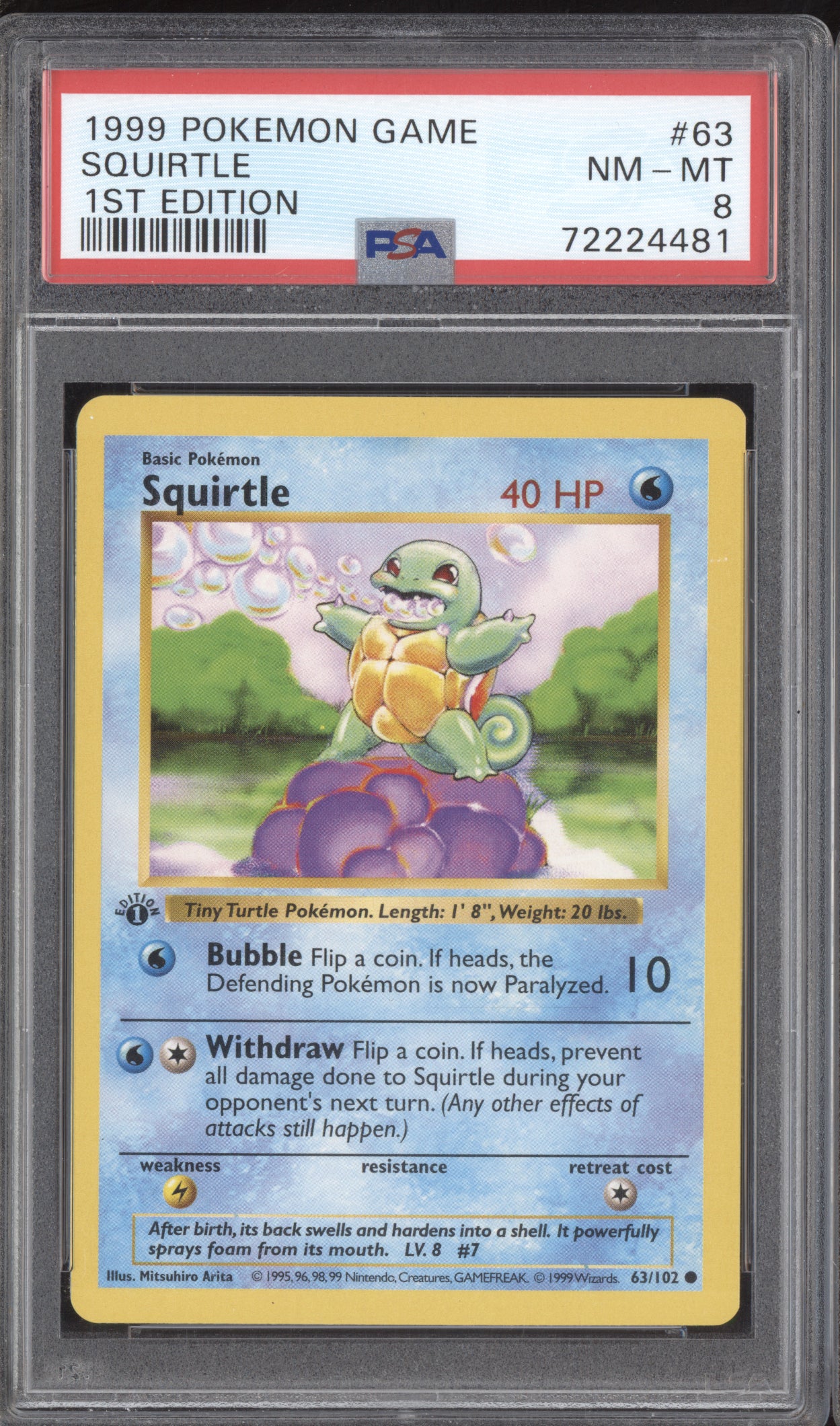 Squirtle 1999 Pokemon Base Set 1st Edition 63/102 PSA 8