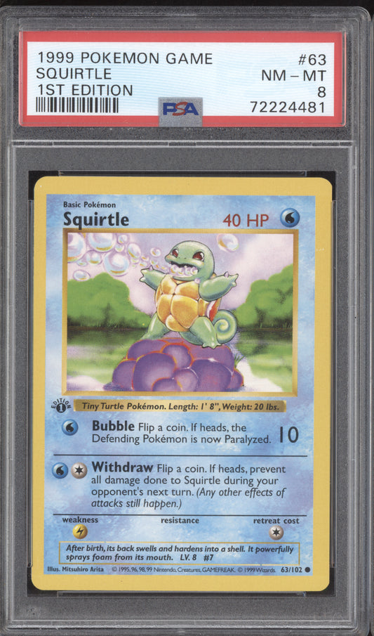Squirtle 1999 Pokemon Base Set 1st Edition 63/102 PSA 8