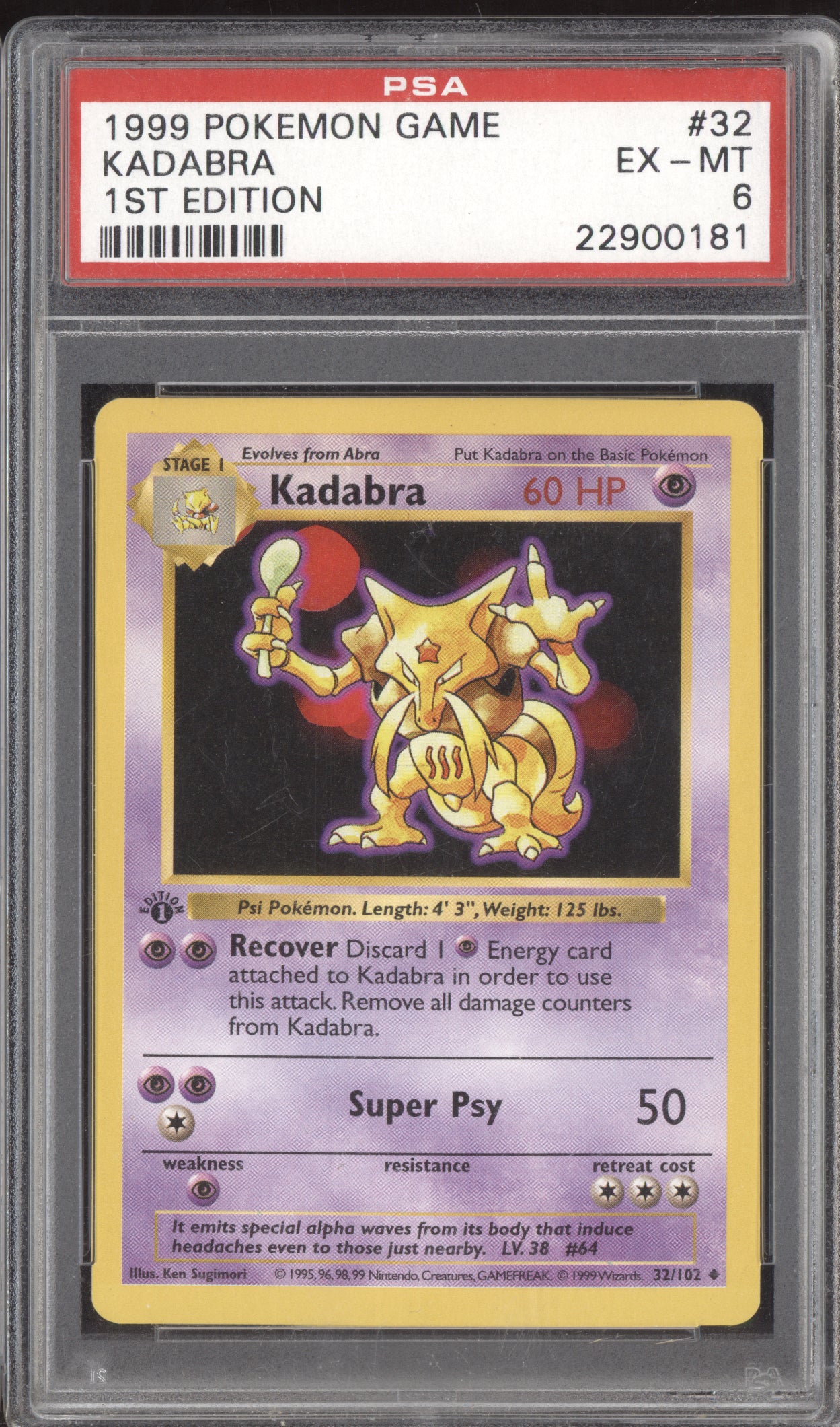 Kadabra 1999 Pokemon Base Set 1st Edition 32/102 PSA 6