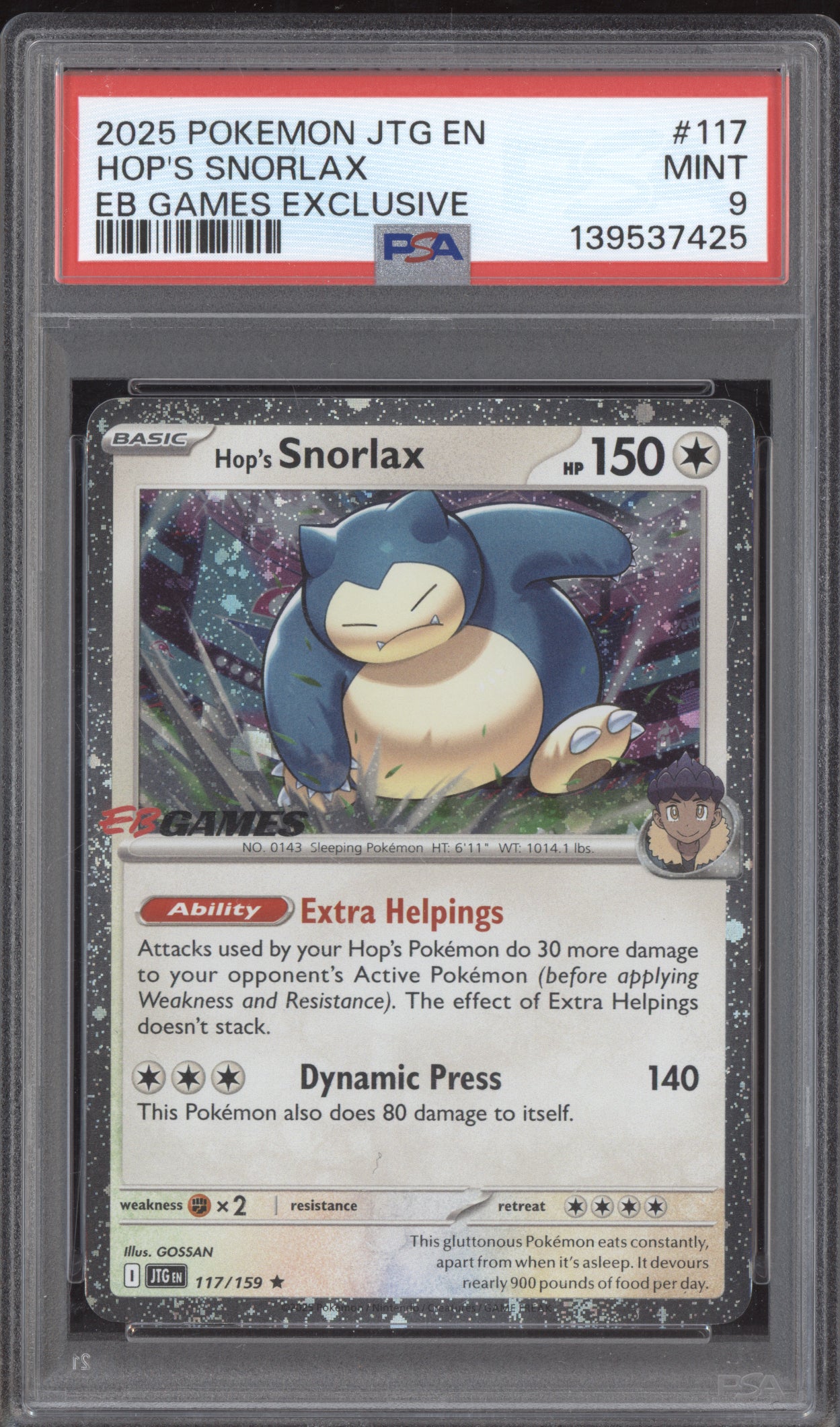 Hop's Snorlax 2025 Pokemon Journey Together EB Games Exclusive 117/159 PSA 9