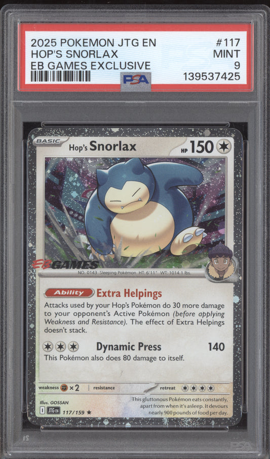 Hop's Snorlax 2025 Pokemon Journey Together EB Games Exclusive 117/159 PSA 9