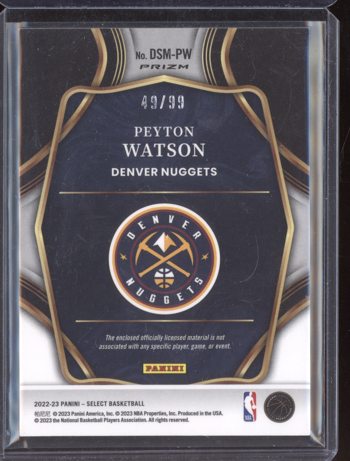 Peyton Watson 2022 Panini Select Draft Selections Material Purple Jersey RC /99