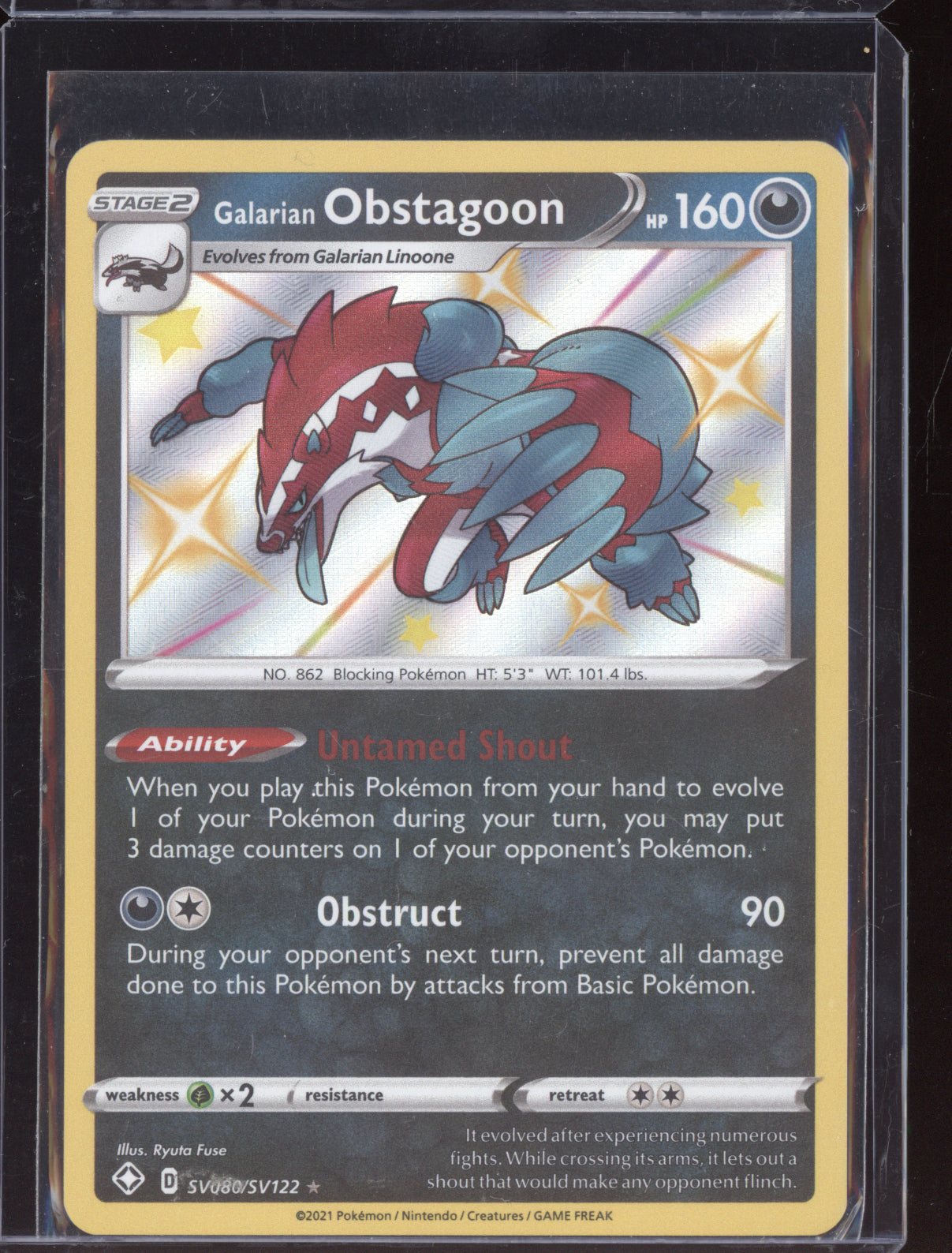 Galarian Obstagoon 2021 Pokemon Shining Fates Shiny Rare SV080/SV122