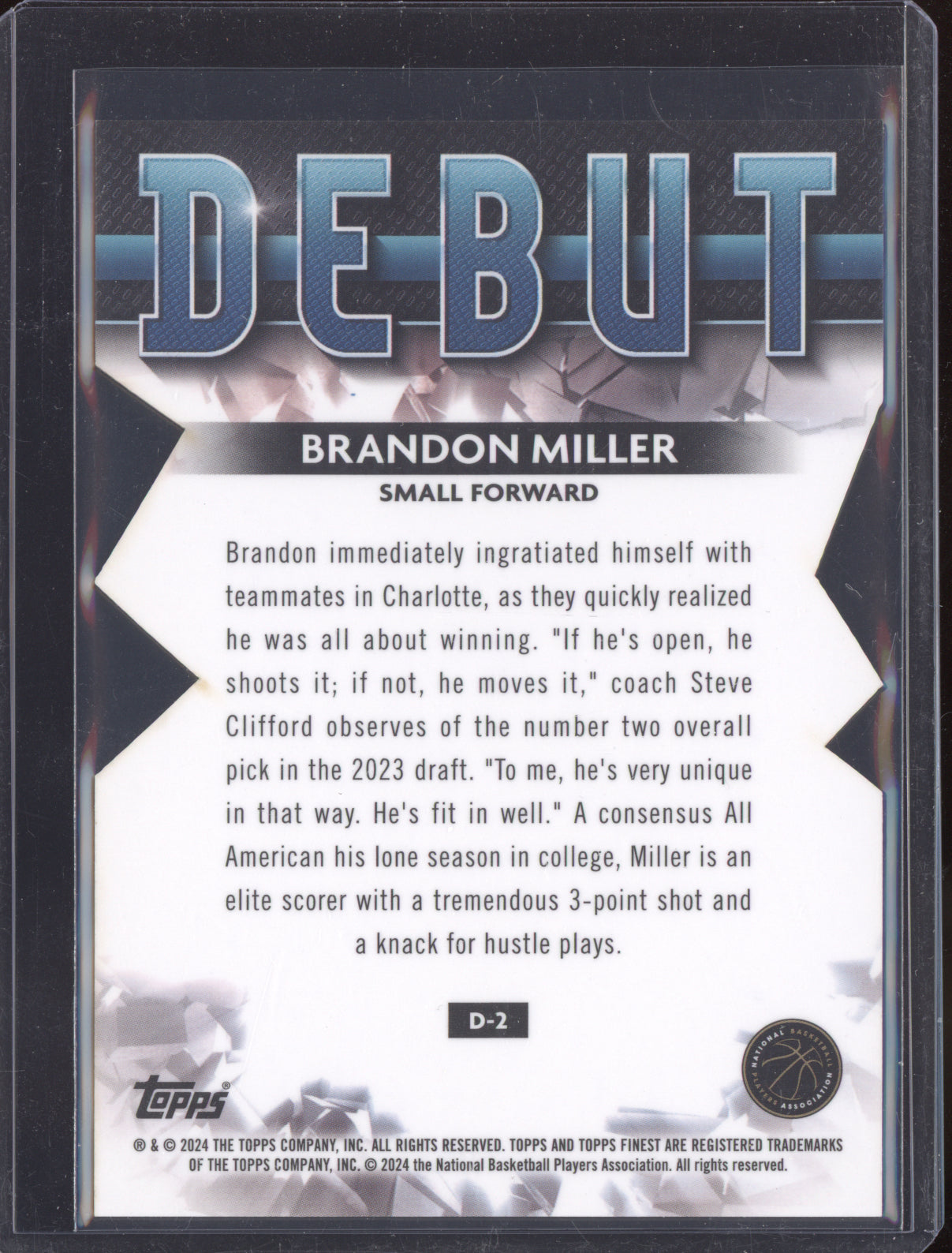 Brandon Miller 2024 Topps Finest Die-cut Debut  RC 40/74