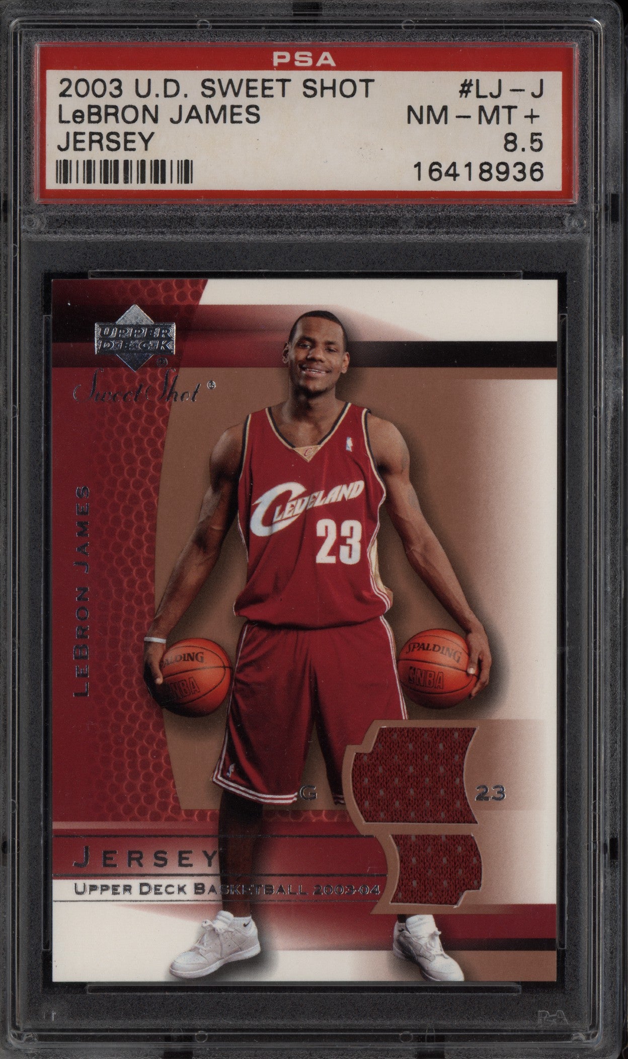 LeBron James 2003-04 Upper Deck Sweet Shot Dual Jersey RC PSA 8.5