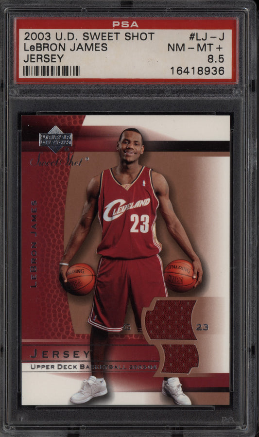 LeBron James 2003-04 Upper Deck Sweet Shot Dual Jersey RC PSA 8.5