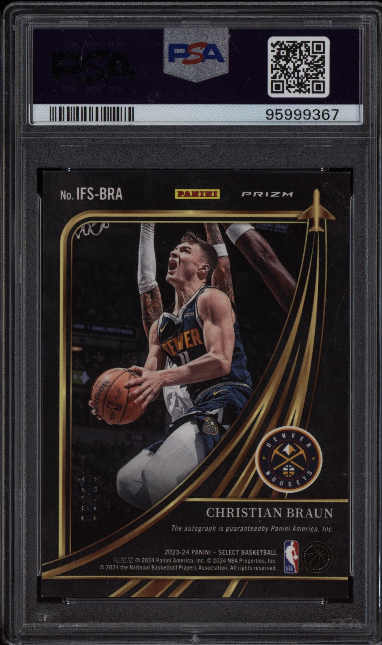 Christian Braun 2023-24 Panini Select In Flight Signature Gold 8/10 PSA 8