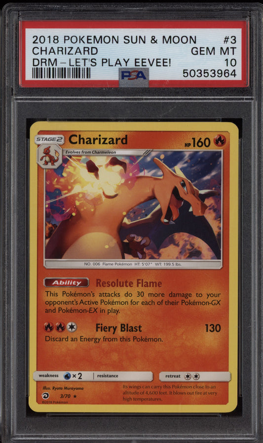 Charizard 2018 Pokemon Sun & Moon Dragon Majesty Let's Play Eevee 3/70 PSA 10