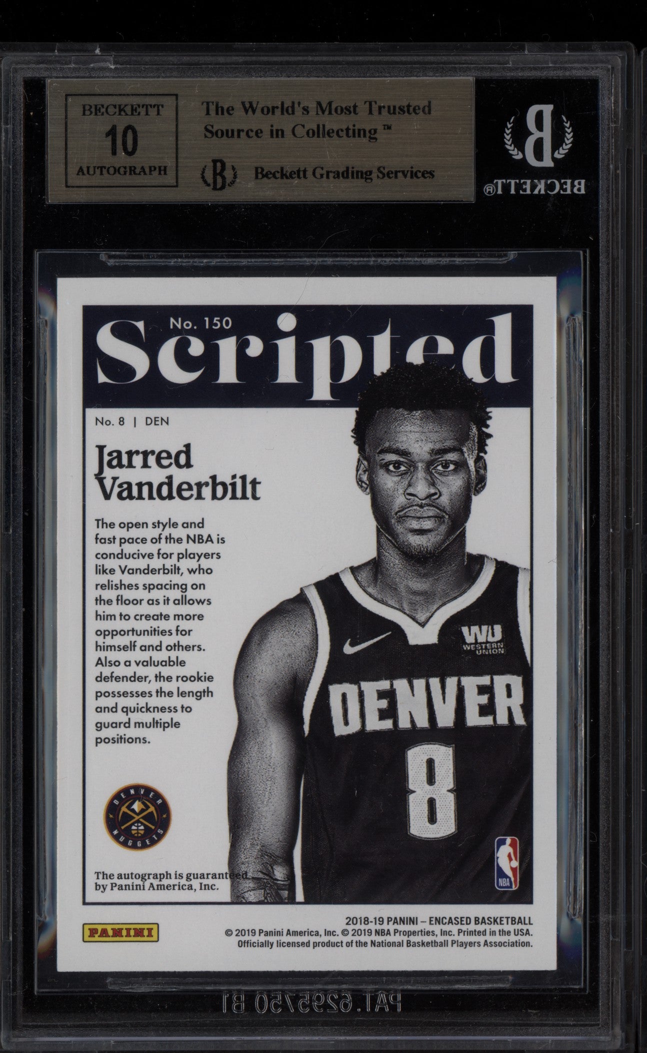 Jarred Vanderbilt 2018 Panini Encased Scripted Signatures Auto RC /75 BGS 9.5/10