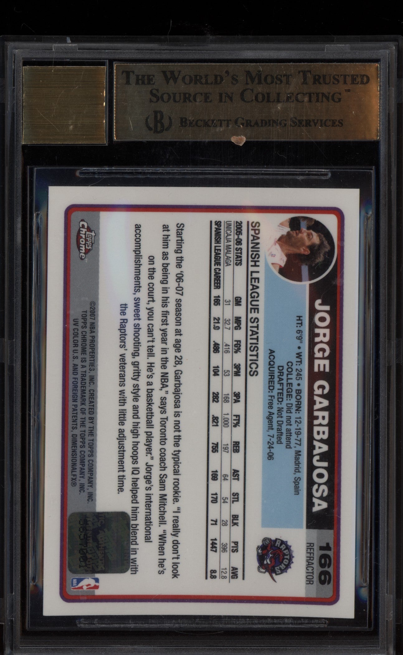 Jorge Garbajosa 2006-07 Topps Chrome Black Refractor Auto RC BGS 9.5/10