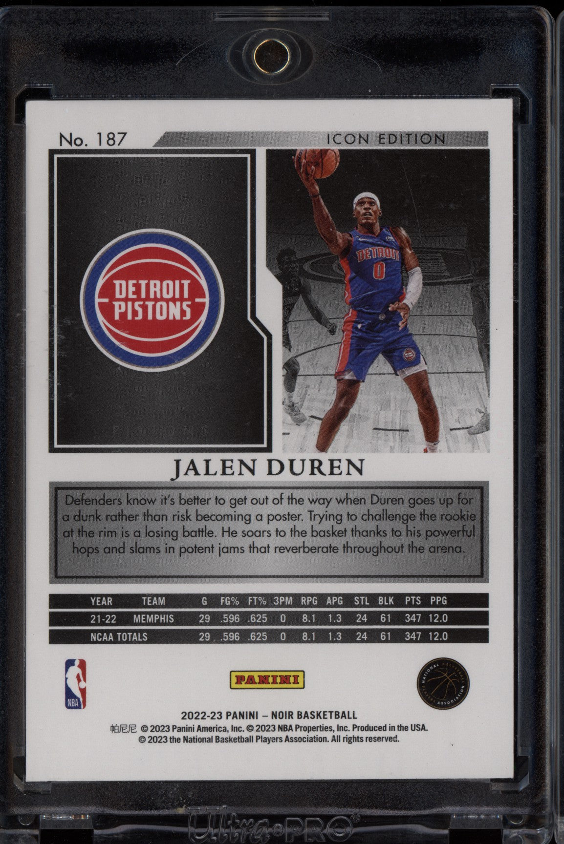 Jalen Duren 2022-23 Panini Noir Platinum Icon Edition RC 1/1
