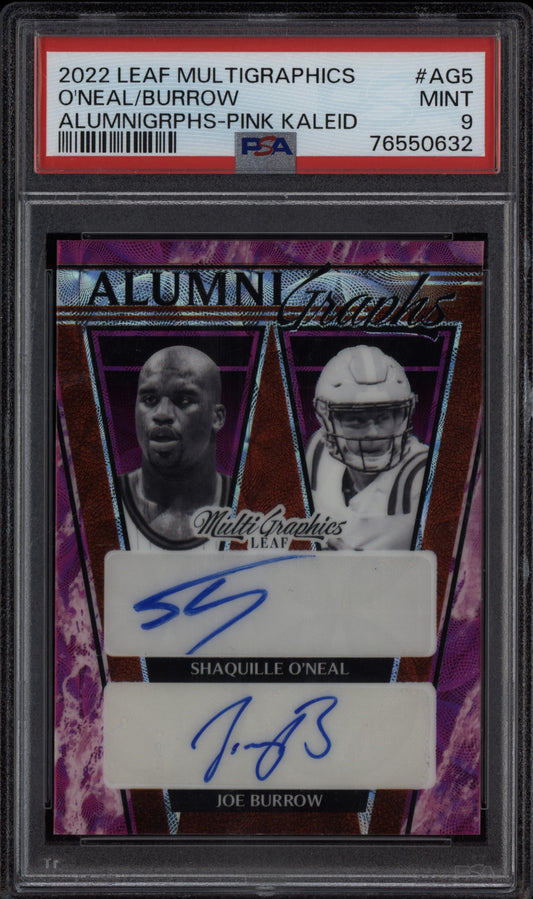 Shaquille O'Neal Joe Burrow 2022 Leaf Multigraphics AlumniGraphs Pink 5/7 PSA 9
