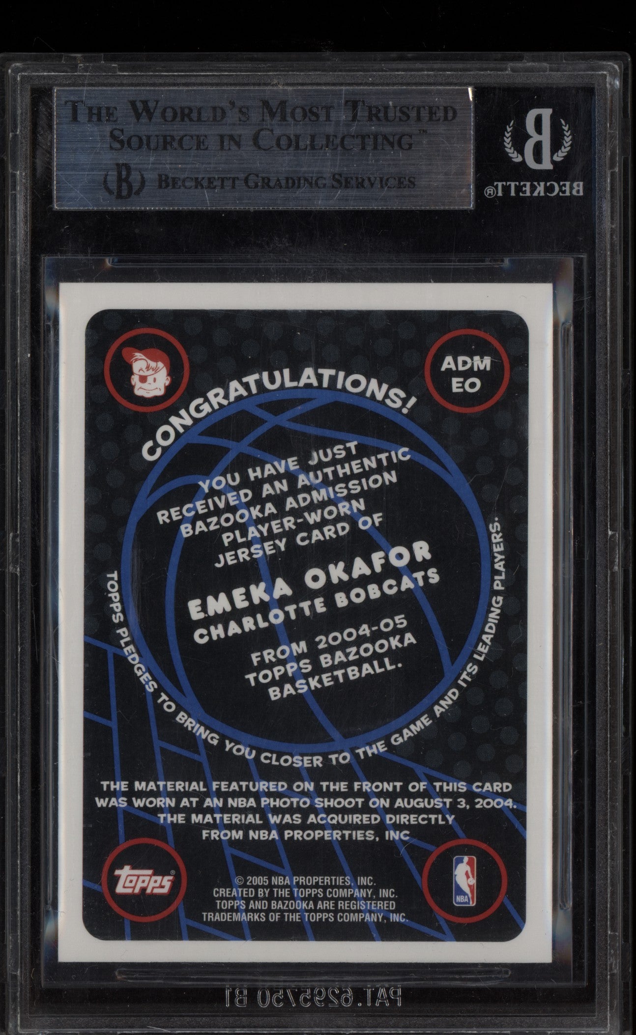 Emeka Okafor 2004-05 Topps Bazooka Admission Jersey RC BGS 9
