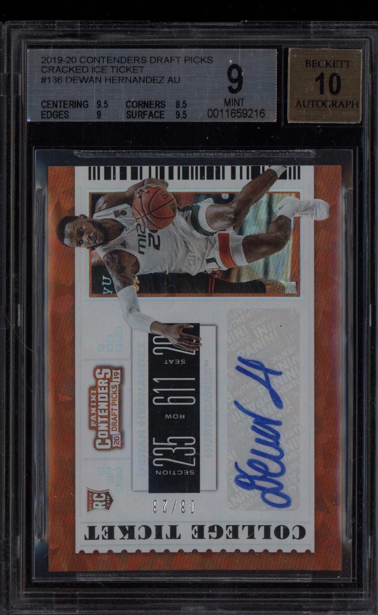 Dewan Hernandez 2019-20 Panini Contenders Draft Cracked Ice Auto RC /23 BGS 9/10