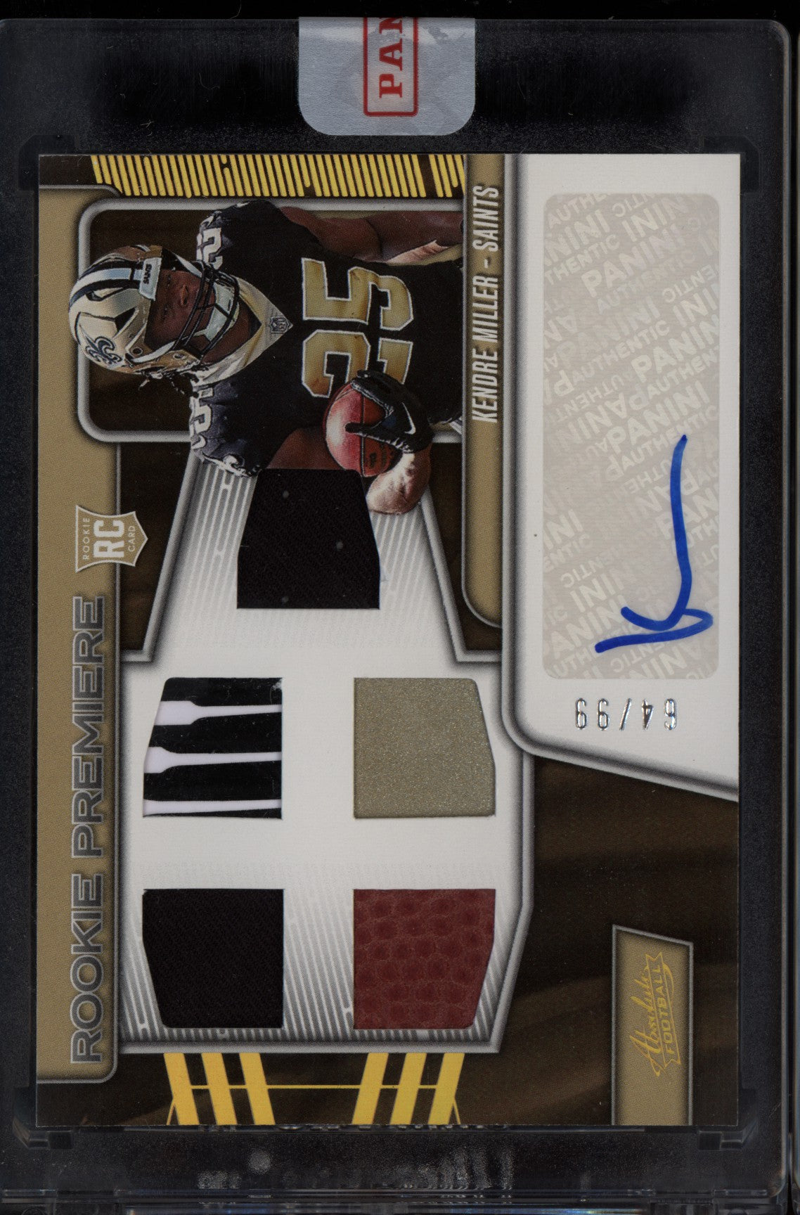 Kendre Miller 2023 Panini Absolute Rookie Quad Jersey Football Auto RC 64/99