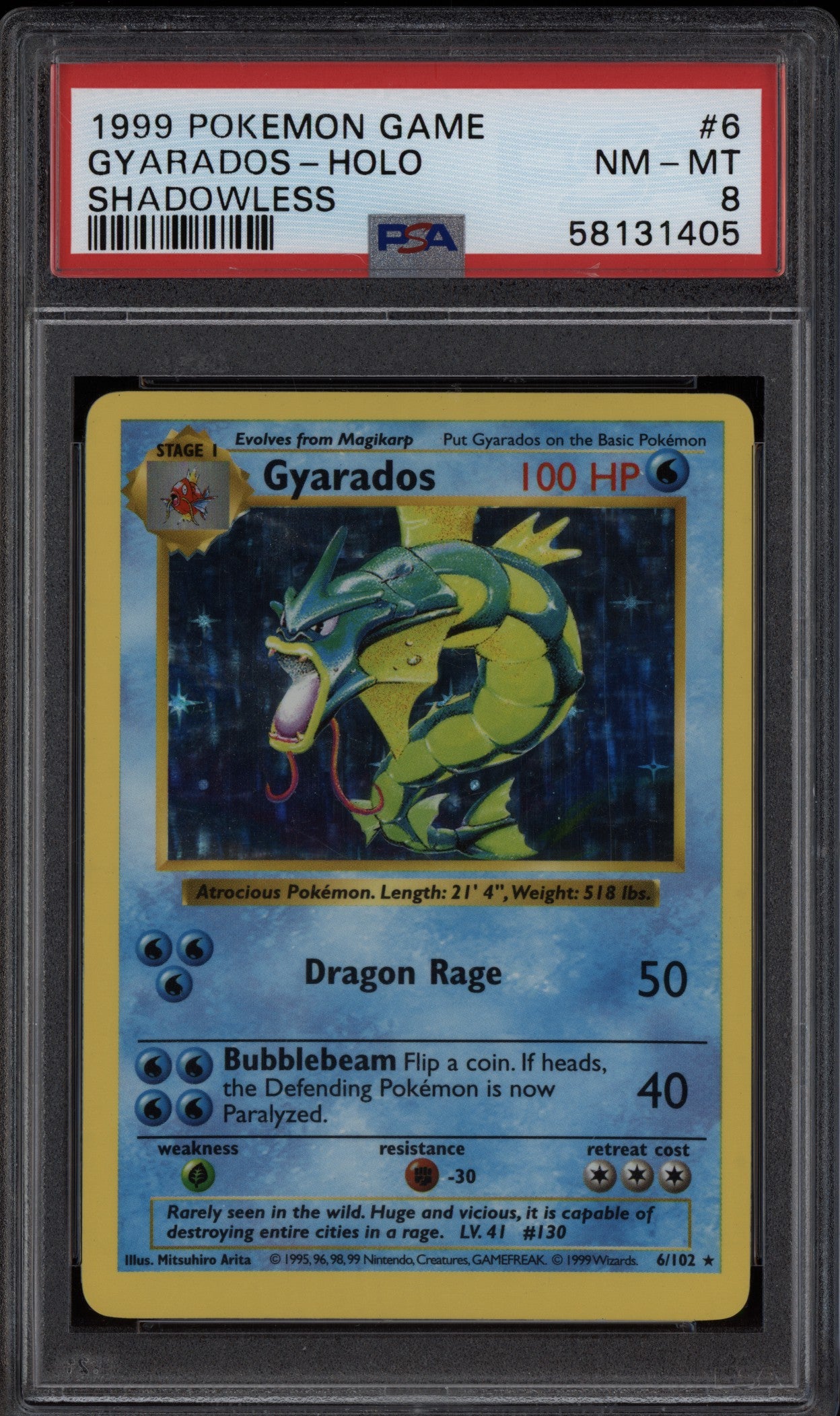 Gyarados 1999 Pokemon Game Holo Shadowless 6/102 PSA 8