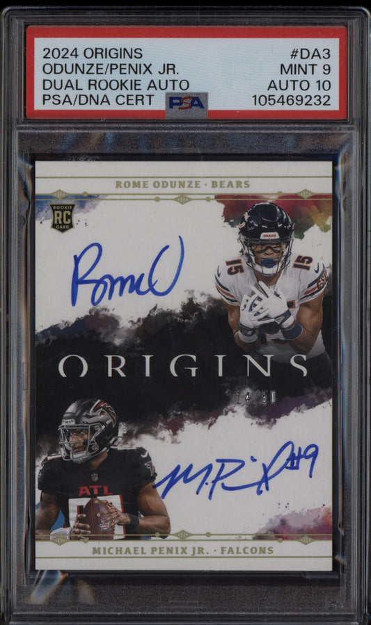 Rome Odunze Michael Penix Jr 2024 Panini Origins Dual Rookie Auto RC /50 PSA 9