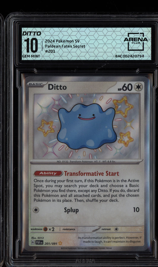 Ditto 2024 Pokemon Paldean Fates Shiny Rare 201/091 Arena Club 10