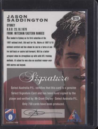 Jason Saddington 1998 Select  Draft Pick Signature RC