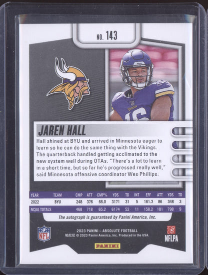 Jaren Hall 2023 Panini Absolute Signature Rookie Auto Red RC 76/100