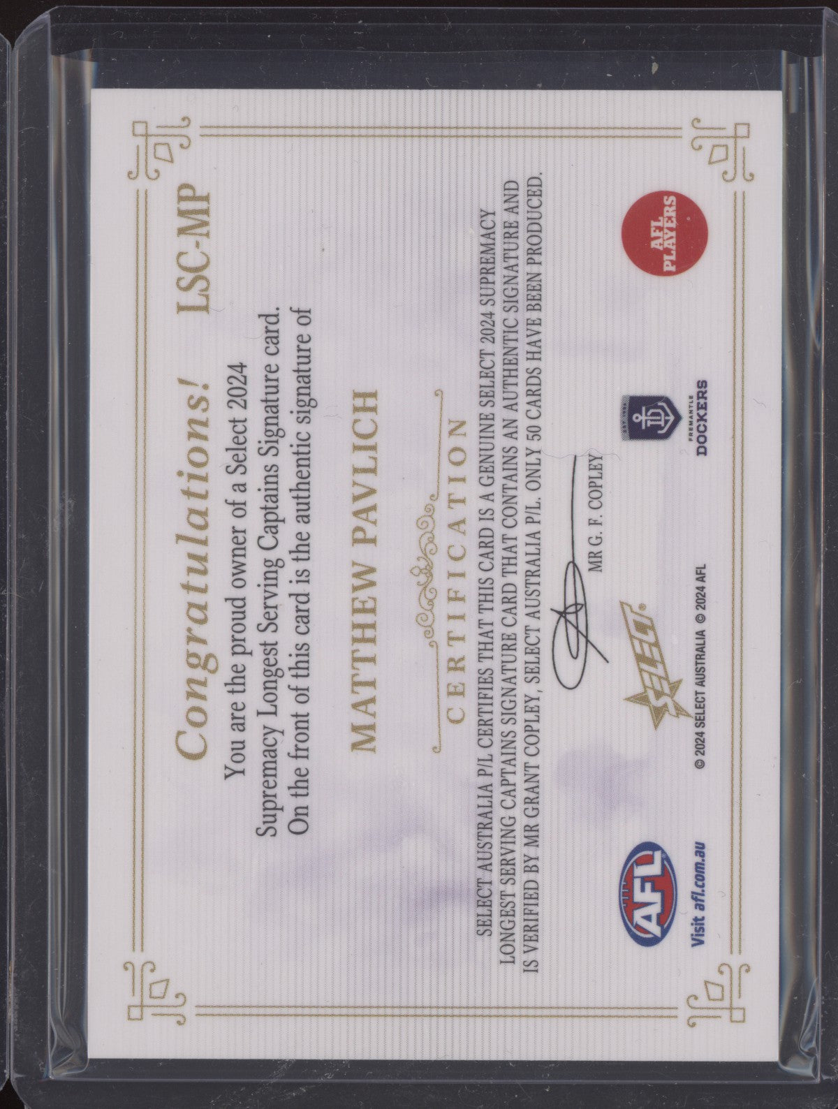 Matthew Pavlich 2024 Select Supremacy Longest Captain Signature 27/50