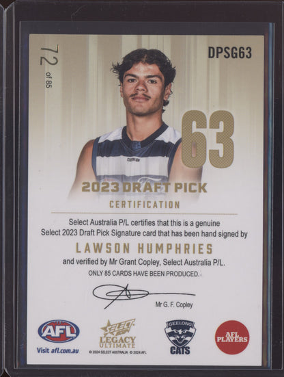 Lawson Humphries 2024 Select Legacy Ultimate Draft Pick Signature Gold RC 72/85