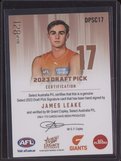James Leake 2024 Select Legacy Ultimate Draft Pick Signature Copper RC 128/175