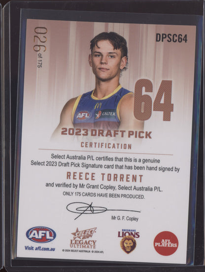 Reece Torrent 2024 Select Legacy Ultimate Draft Pick Signature Copper RC 26/175