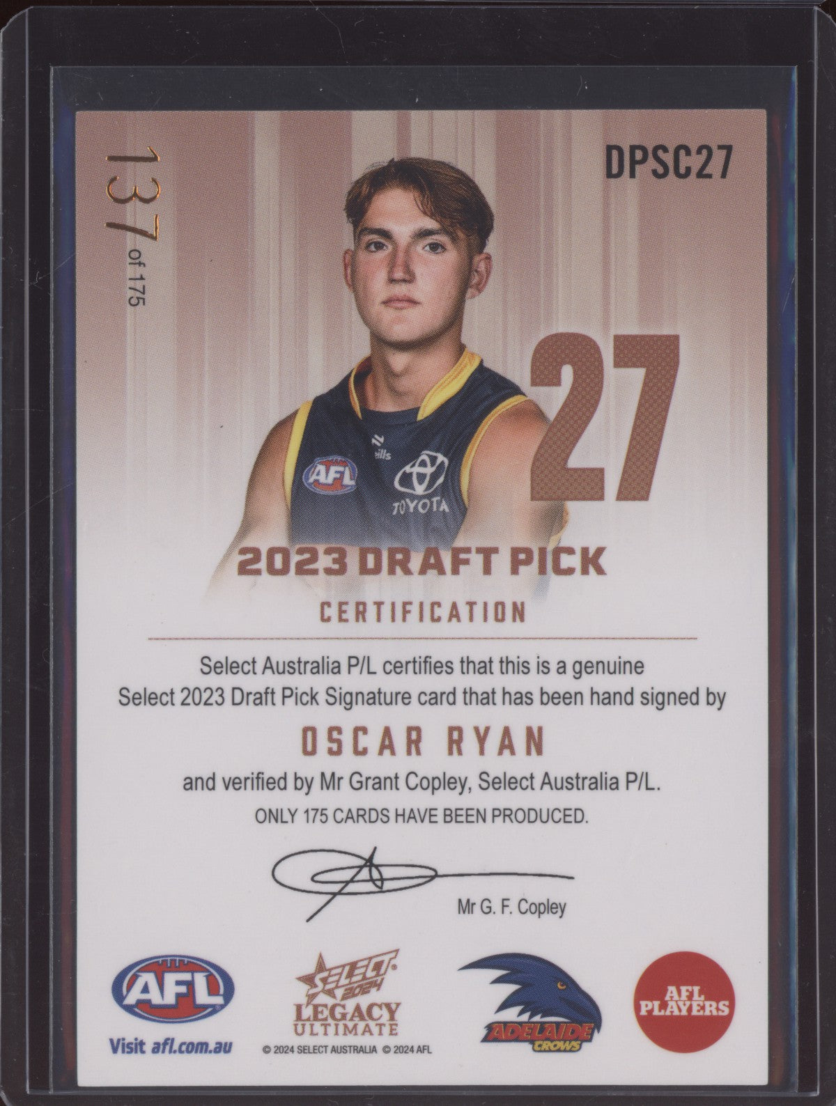 Oscar Ryan 2024 Select Legacy Ultimate Draft Pick Signature Copper RC 137/175