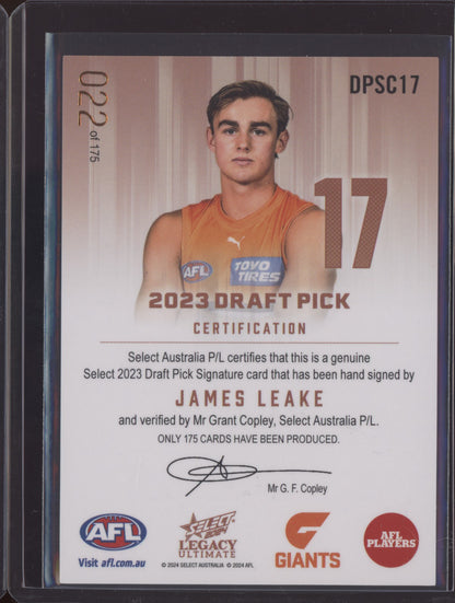 James Leake 2024 Select Legacy Ultimate Draft Pick Signature Copper RC 22/175