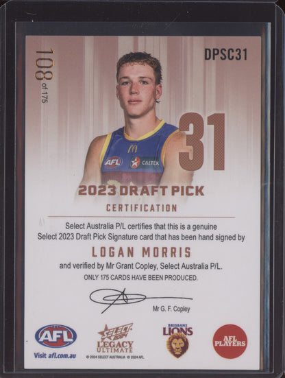 Logan Morris 2024 Select Legacy Ultimate Draft Pick Signature Copper RC 108/175