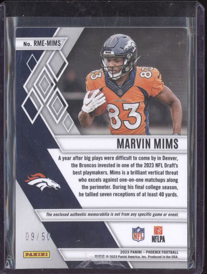 Marvin Mims 2023 Panini Phoenix Rookie Memorabilia Jersey Yellow Prime RC 9/50