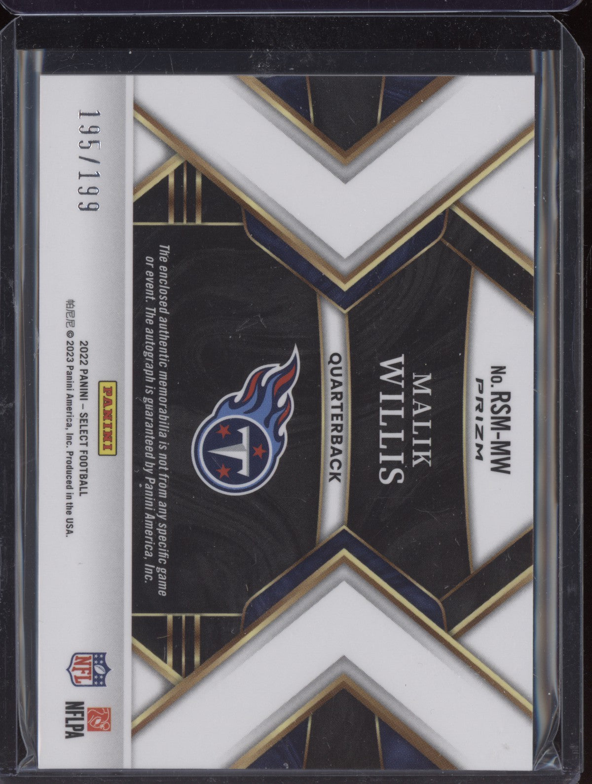 Malik Willis 2022 Panini Select Rookie Signature Material Auto RC 195/199