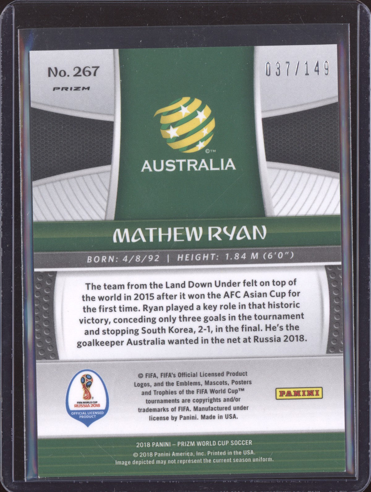 Mathew Ryan 2018 Panini Prizm World Cup Red 37/149