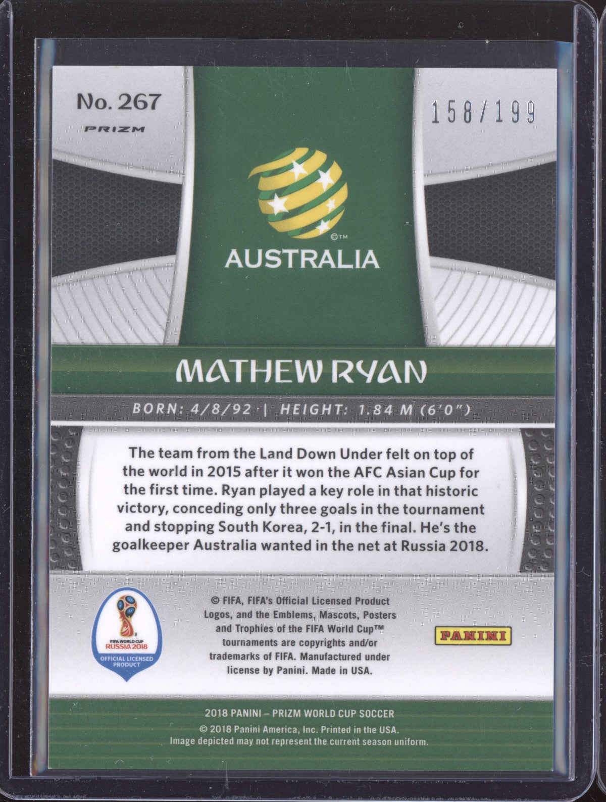 Mathew Ryan 2018 Panini Prizm World Cup Blue 158/199