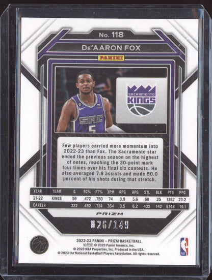 De'Aaron Fox 2022-23 Panini Prizm Purple Cracked Ice 26/149